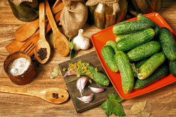 Cucumbers with garlic, salt and dill for pickling . Top view