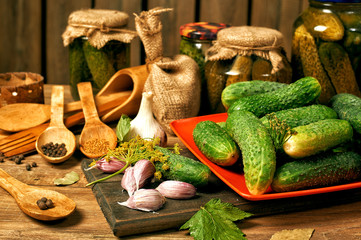 Cucumbers with garlic, salt and dill for pickling . Top view