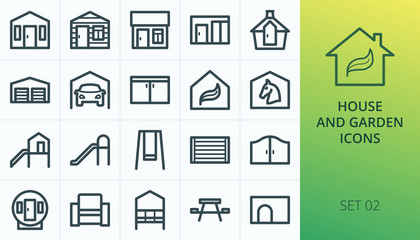 Garden buildings icons set. Set of log cabin, summerhouse, garden room, garden office, arbour, rattan furniture, playhouse, fence panel, storage shed, greenhouse isolated vector icons
