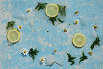 Background green leaves of  mint  and lemon frozen in ice