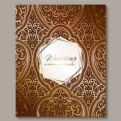 Wedding invitation card with bronze and gold shiny eastern and baroque rich foliage. Ornate islamic background for your design. Islam, Arabic, Indian, Dubai.