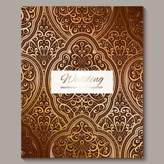 Wedding invitation card with bronze and gold shiny eastern and baroque rich foliage. Ornate islamic background for your design. Islam, Arabic, Indian, Dubai.