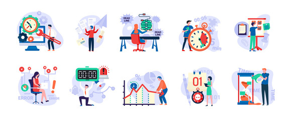 Fototapeta premium Time management vector, people with clock and timers, man in hurry, sand glass and running clock, schedule. Person fail to do tasks flat style isolated. People unable to organize their tasks