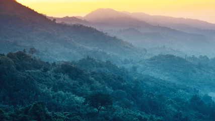 Obraz premium earth day and environment care travel concept from beautiful landscape of tropical forest with haze with soft focus of layer mountain background