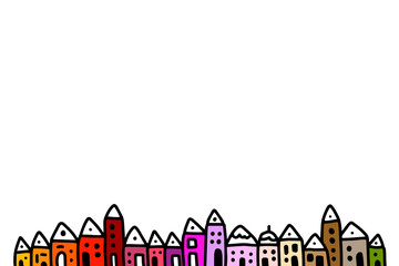 Hand drawn city villge town landscape. Cartoon minimalism style. Houses in a row. Illustration for prints posters cards