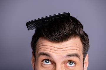 Cropped close up photo amazing he him his macho plastic styling brush stuck thick hair  oh no take...