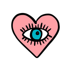 Obraz premium Open eye with lashes hand drawn illustration in cartoon style inside pink heart