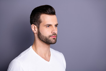 Close up side profile photo amazing he him his macho perfect ideal appearance neat bristle...