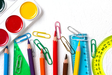 School supplies. Back to school concept on white background Top view Flat lay