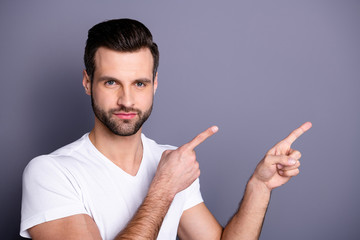Close up photo amazing he him his macho perfect ideal appearance neat bristle index fingers...