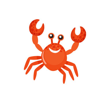 Smiling red crab with raised claws, sea animal, colorful glossy creature in flat design. Decoration water symbol, fishing icon isolated on white vector