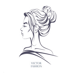 Profile of girl with haircut buns, sketch, vector illustration