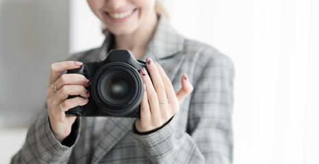 Photographer Woman Holding Professional Photo Camera, Closeup