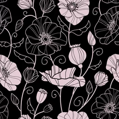 Tapeten Mohnblumen Schönes nahtloses Muster mit detaillierten handgezeichneten Blumen und Wirbeln - ideal als Hintergrund, für Textilien oder Einladungen