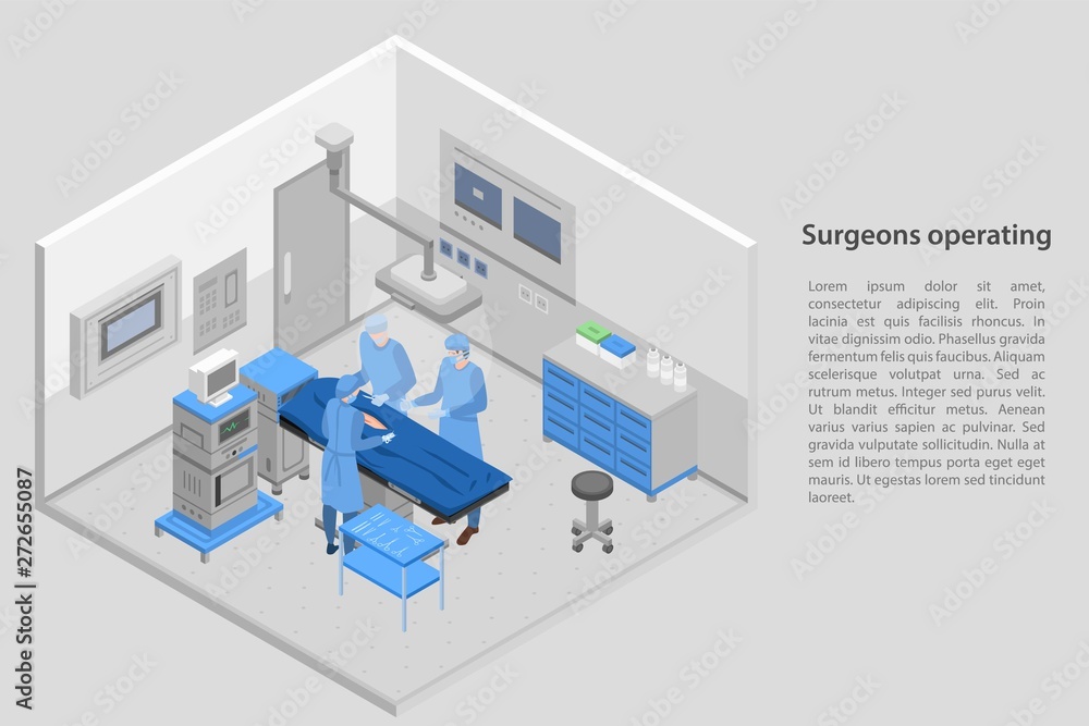 Poster surgeons operating concept banner. isometric illustration of surgeons operating vector concept banne