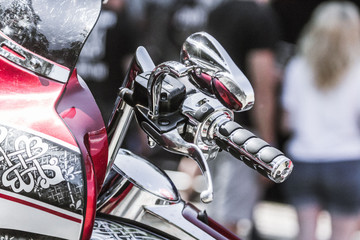 Heavy powerful motorcycle. Details chrome cruiser close-up. Biker background. Two-wheeled vehicle....