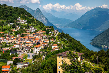 Beautiful view of Bre town in Switzerland with Lake Lugano