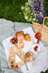Beautiful summer picnic with strawberries, cheese and rose wine on the lawn in the city park