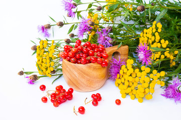 Red currant, wooden kuksa and flowers