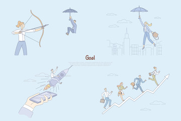 Woman aiming bow and arrow at man, businesswoman floating on umbrella, people flying and climbing to success banner