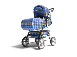 Blue stroller with jeans inserts for baby 3d render on white background with shadow