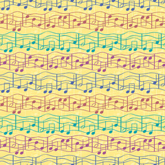 Funky multicolor musical notes on doodle lined staff in striped effect geometric design. Seamless vector pattern on textured yellow background. Great for birthday, novelty products, stationery, gifts