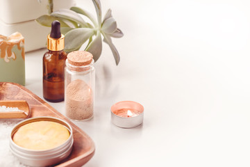 Skin and body care or Spa attributes on table. Healthcare concept.