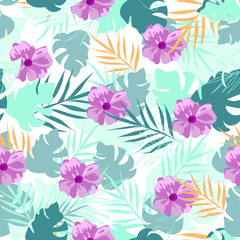 Vector seamless pattern with tropical leaves and flowers. Fashion floral background. For wrapping paper, cover design,  wallpaper, atelier, spa, boutique, beauty salon, print on clothes.