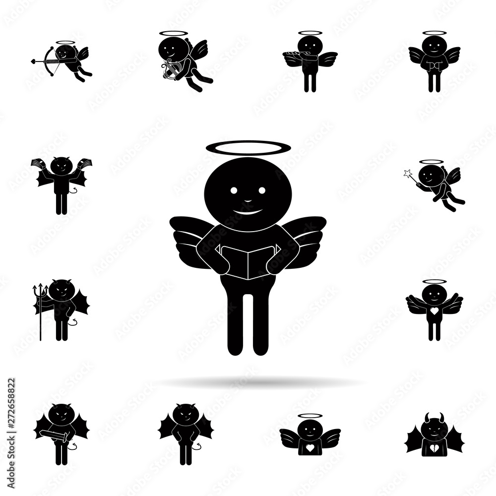 Poster angel is reading a book icon. universal set of angel and demon for website design and development, a