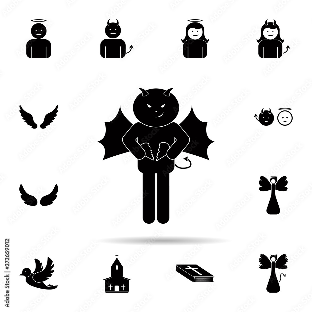 Poster a demon with a broken heart icon. universal set of angel and demon for website design and developmen