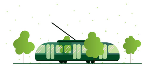 Tram surrounded by nature. Tram lines in an urban environment in summer with green trees. Eco-friendly public transport season. Weather and tram. - obrazy, fototapety, plakaty