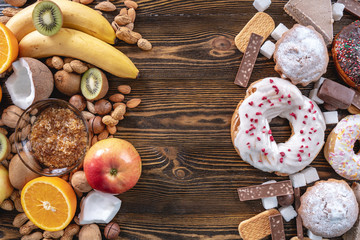 Unhealthy and healthy sweets. Problem of refusal from harmful desserts. Fruits and nuts vs donuts cupcakes and candy