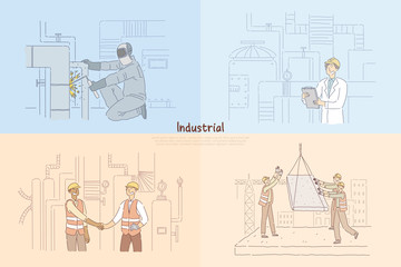 Man welding pipes in factory, constructing engineer checking equipment, construction workers on site banner