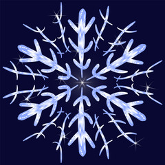 Blue snowflake with gradient on a dark blue background in the style of hand-drawing. For the design of the winter theme. Background for printing Christmas greeting cards, New Year's invitations.