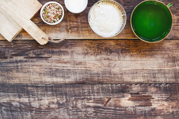 Obraz na płótnie Canvas Kitchen background with organic ingredients for traditional baking