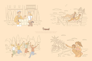 Man and woman finding way on map, laying on beach in recliner, group of friends in front of van, summertime vacation banner