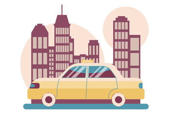 Taxi service. Background the city with skyscrapers. Flat cartoon style. Vector illustration