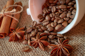 Roasted coffee beans, star anise and cinnamon
