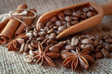 Roasted coffee beans, star anise and cinnamon