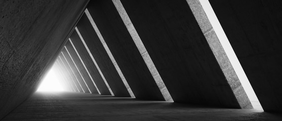 Fototapeta premium Empty Long Light Corridor. Modern concrete background. Futuristic Sci-Fi Triangle Tunnel. 3D Rendering