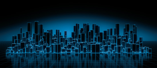 Obraz premium Abstract futuristic blocks city with wire frame in blue shade on mirror floor. Digital future architecture technology background concept. 3D render.