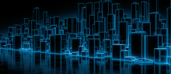 Abstract futuristic blocks city with wire frame in blue shade on mirror floor. Digital future architecture technology background concept. 3D render.