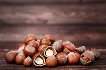 Hazelnuts on wooden table
