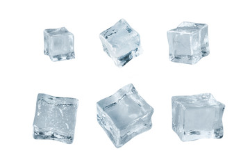 Set of six different ice cube faces. Macro shot of ice cubes. Clipping path.