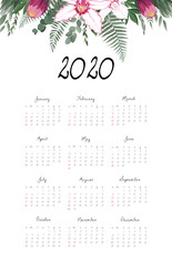 Fototapeta na wymiar Calendar 2020 template. 12 Months. include holiday event. Week Starts Sunday