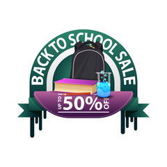 Back to school, round discount banner for your website with school backpack, a book and a chemical flask