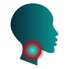 Medical infographic template - sore throat. Human head silhouette with pain localization sign mark. White background. For poster, presentation, brochure.