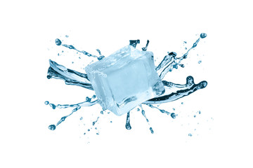 Water splash with ice cube isolated on white background, close-up.