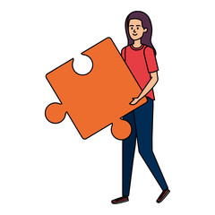 young woman lifting puzzle game piece