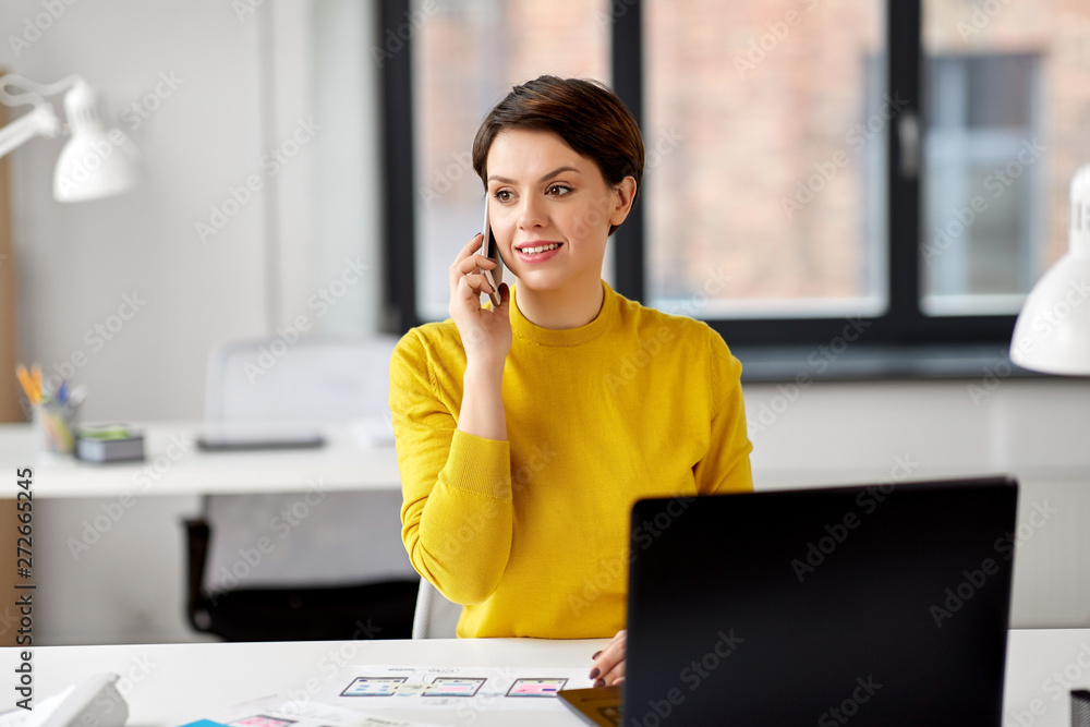 Poster business, technology and ui design concept - smiling female designer with laptop computer and user i